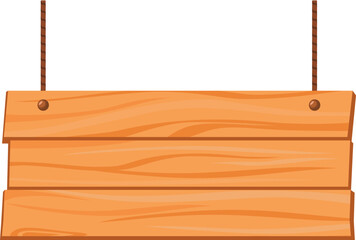 Hanging wood board sign, rustic cartoon signpost or billboard, notice and information theme