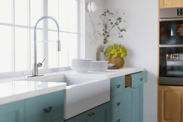Accent on the kitchen sink with faucet in the kitchen. 