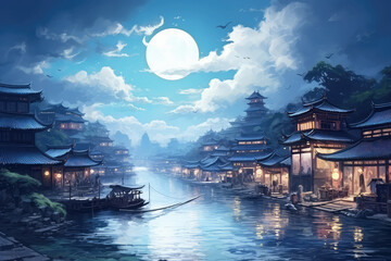 oil painting on canvas, Xitang ancient town , Xitang is first batch of Chinese historical and cultural town in the night, located in Zhejiang Province, China. (ai generated) - obrazy, fototapety, plakaty
