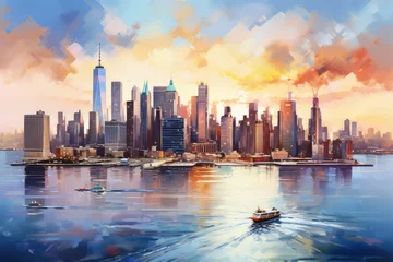 Raamstickers oil painting on canvas, Manhattan skyline panorama at sunset , New York City, USA. (ai generated) © ImagineDesign