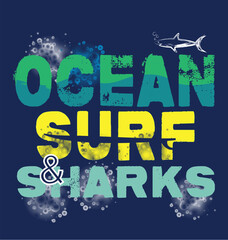 Naklejka na ściany i meble vector illustration of ocean surf and shark theme. t shirt graphics