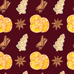 Seamlless watercolor winter pattern with cinnamon sticks, ginger bread, dried oranges and star anise on the dark red background. Mulled wine ingredients.