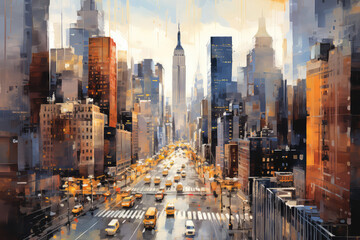 oil painting on canvas, Yellow Taxi in Manhattan, New York City in USA sunset. (ai generated) - obrazy, fototapety, plakaty