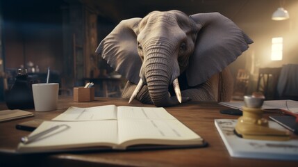 Elephant reading book on a table, learning and knowladge concept, Elephant relaxation leisure. 
 - obrazy, fototapety, plakaty