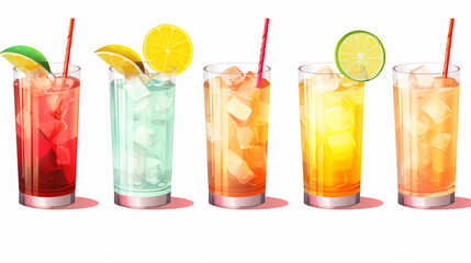Cocktail and mocktail drinks in different colors and shapes isolated on a transparent background
