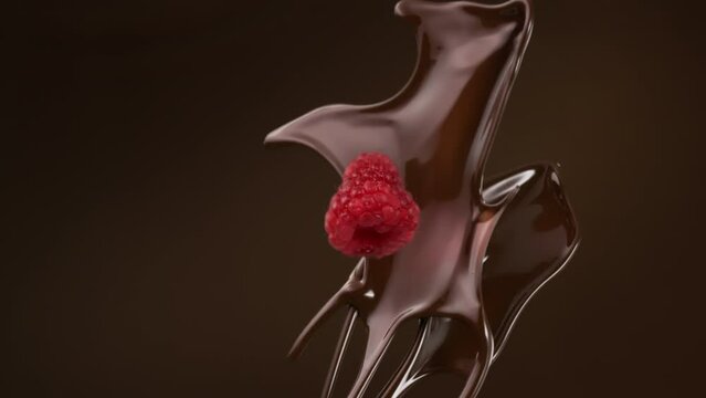 Dark chocolate and raspberry splashing and falling in slow motion