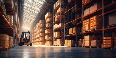 Large storage warehouse with forklift and tall shelves racks.Wide view.AI Generative - obrazy, fototapety, plakaty