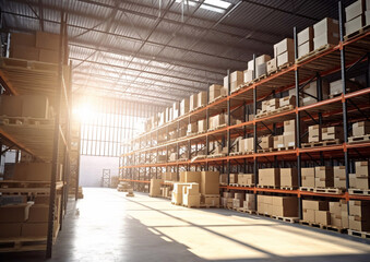 Industrial warehouse with shelves full of goods and forklift.Empty storage place.AI Generative