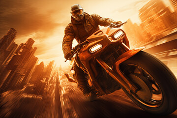 Action shot with man riding away on bike. Dynamic scene in action movie blockbuster style. © swillklitch