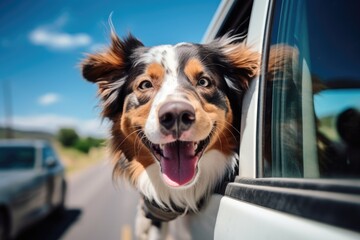 Happy Australian Shepherd dog peeking out of a car window summer vacation travel.