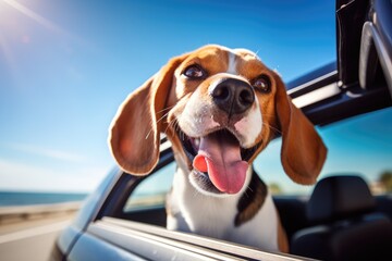 Happy beagle dog peeking out of a car window summer vacation travel. - obrazy, fototapety, plakaty