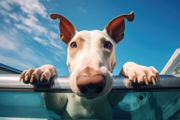 Happy Bull Terrier dog peeking out of a car window summer vacation travel. - obrazy, fototapety, plakaty