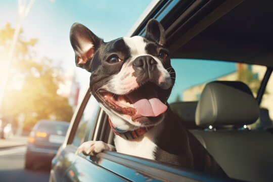 Happy Boston Terrier dog peeking out of a car window summer vacation travel.