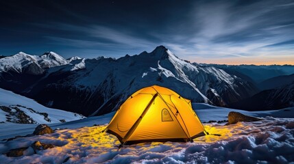 Camping tent in the mountains at night