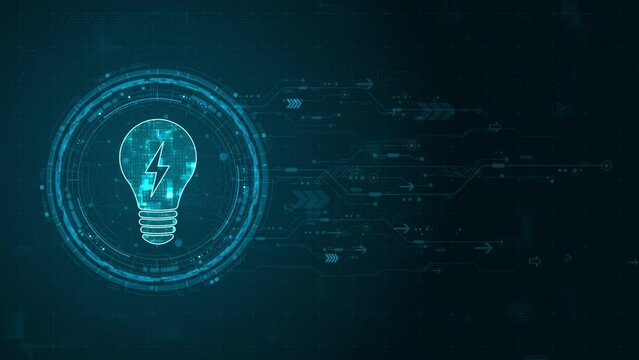 Motion graphic of Blue digital lamp logo and circle futuristic HUD elements with flowing arrows with lightbulb and ideas concept on abstract background