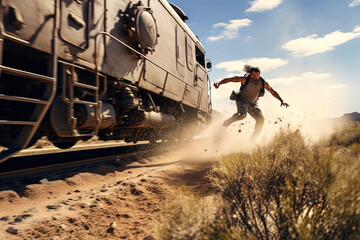 Action shot with man jumping off the train. Dynamic scene with railway carriage in action movie blockbuster style. - obrazy, fototapety, plakaty
