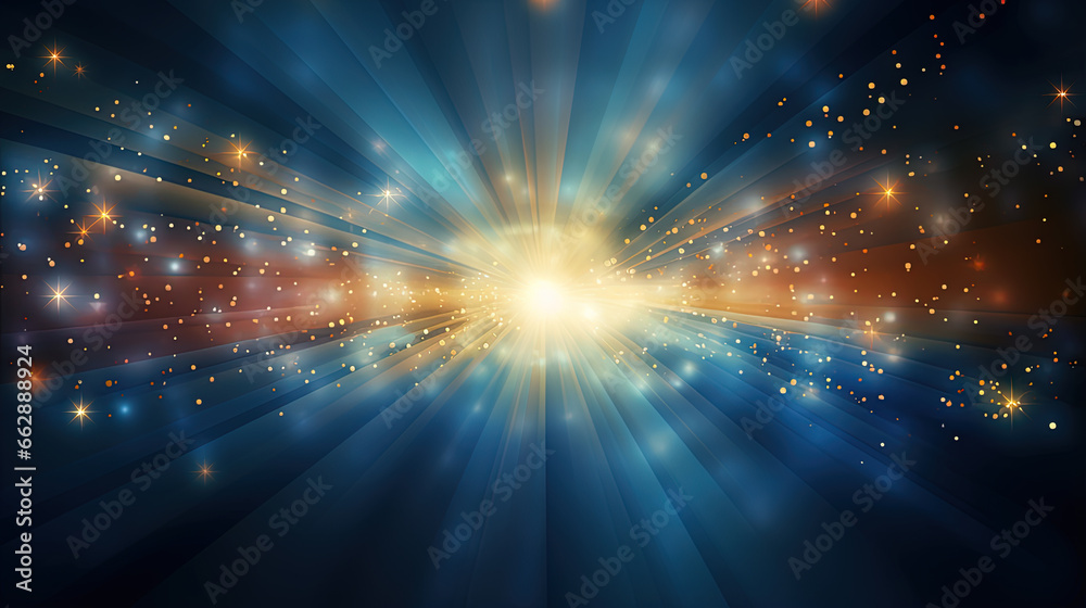 Poster Abstract backgound with blue and orange light rays. God rays or light burst with bokeh.