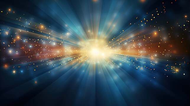 Abstract backgound with blue and orange light rays. God rays or light burst with bokeh.