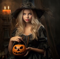 Halloween Portrait blonde girl in witch costume with pumpkin