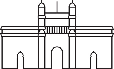 Simple black flat outline drawing of the Indian historical landmark monument of the GATEWAY OF INDIA, MUMBAI