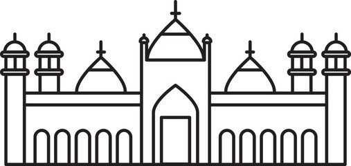Simple black flat outline drawing of the Pakistani historical landmark monument of the BADSHAHI MOSQUE, LAHORE