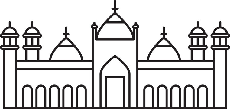 recommend clip art: Simple black flat outline drawing of the Pakistani historical landmark monument of the BADSHAHI MOSQUE, LAHORE