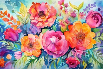 Fototapeta na wymiar Vibrant floral watercolor background. Generative AI