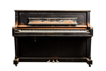 Fototapeta na wymiar A very old black piano, vintage, honky tonk, saloon, isolated or white background