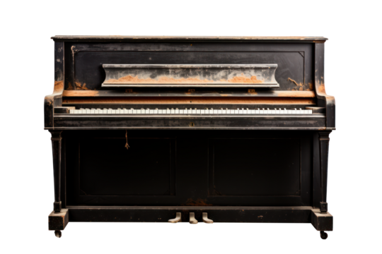 A very old black piano, vintage, honky tonk, saloon, isolated or white background