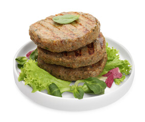 Plate of delicious vegan cutlets, lettuce and spinach isolated on white