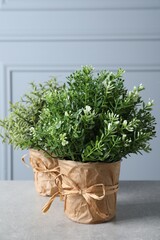 Different artificial potted herbs on light grey table