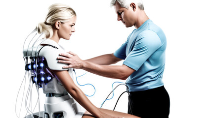 A woman with lower back pain undergoes electrotherapy treatment in a medical setting. - obrazy, fototapety, plakaty
