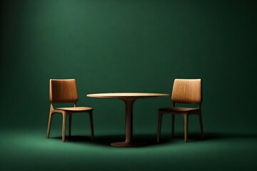 A minimalist chair and table on a deep forest green background.