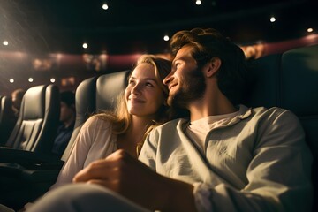 Couple in love watching movie in cinema. - obrazy, fototapety, plakaty