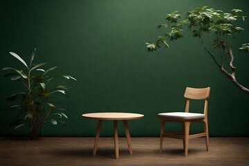 A minimalist chair and table on a deep forest green background.