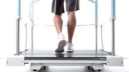 Fototapeta premium A patient walks on a treadmill in a medical setting in this image. The person is wearing athletic attire and appears to be exercising.