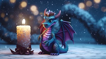 Fotobehang Funny cute dragon with candle for winter holidays and 2024 lunar new year celebration. © swillklitch