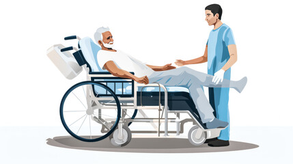 Fototapeta premium An elderly man receives help from a home health aide, while ThatOtherGuy looks on.