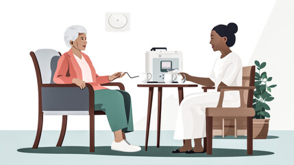 An elderly woman sits in a chair as a virtual assistant helps her with daily tasks in this image.