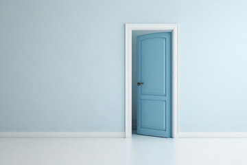 Closed door with a white background and copy space. Blue wallpaper and a parquet floor decorate an empty room. Illustration of minimalist interior design. Generative AI