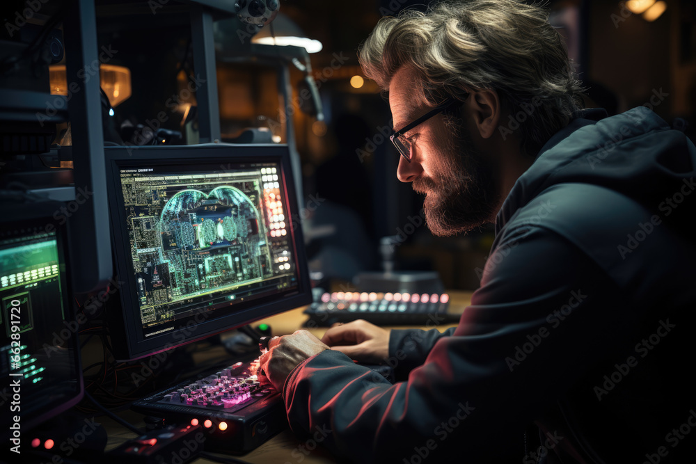 Poster a scientist observing an oscilloscope's display of electrical waveforms, studying the characteristic