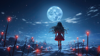 Girl waiting for Santa Claus and Christmas miracles on the snowy street.