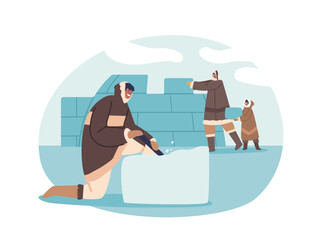 Eskimo Characters Skillfully Construct Igloos, Using Snow Blocks, To Create Shelter In The Harsh Arctic Conditions