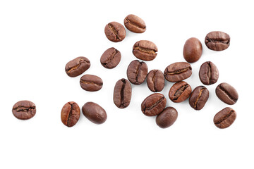 Many roasted coffee beans isolated on white, top view