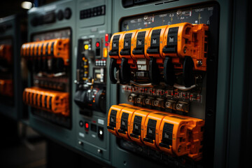 A series of switches and circuit breakers in an electrical control panel, ensuring the safe operation of machinery. Concept of electrical safety. Generative Ai. - obrazy, fototapety, plakaty