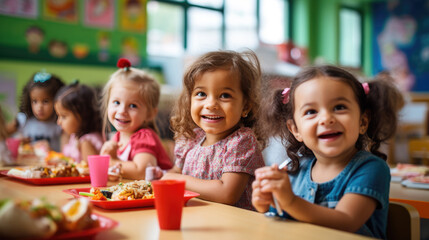Group of preschoolers sitting in the school cafeteria eating lunch. - Powered by Adobe