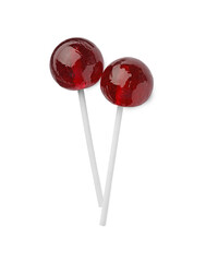 Two sweet red lollipops isolated on white, top view