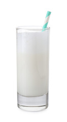 Glass of fresh milk with straw isolated on white