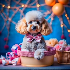 Cute dog in basket and with different pet accessories at home. Banner for design