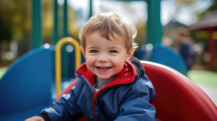 Fototapeta na wymiar Little boy preschooler playing on the playground outside